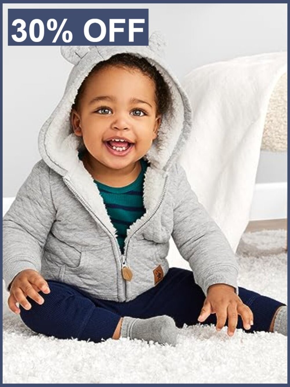 Baby Hooded Quilted Jacket with Sherpa Lining, Bear Ears, Full Zip - Picture 2 of 7